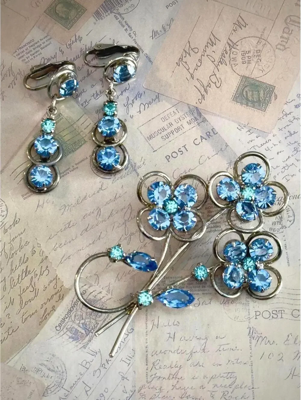 Vintage Blue Rhinestone Jewelry Set | Earrings & Floral Brooch | Something Blue